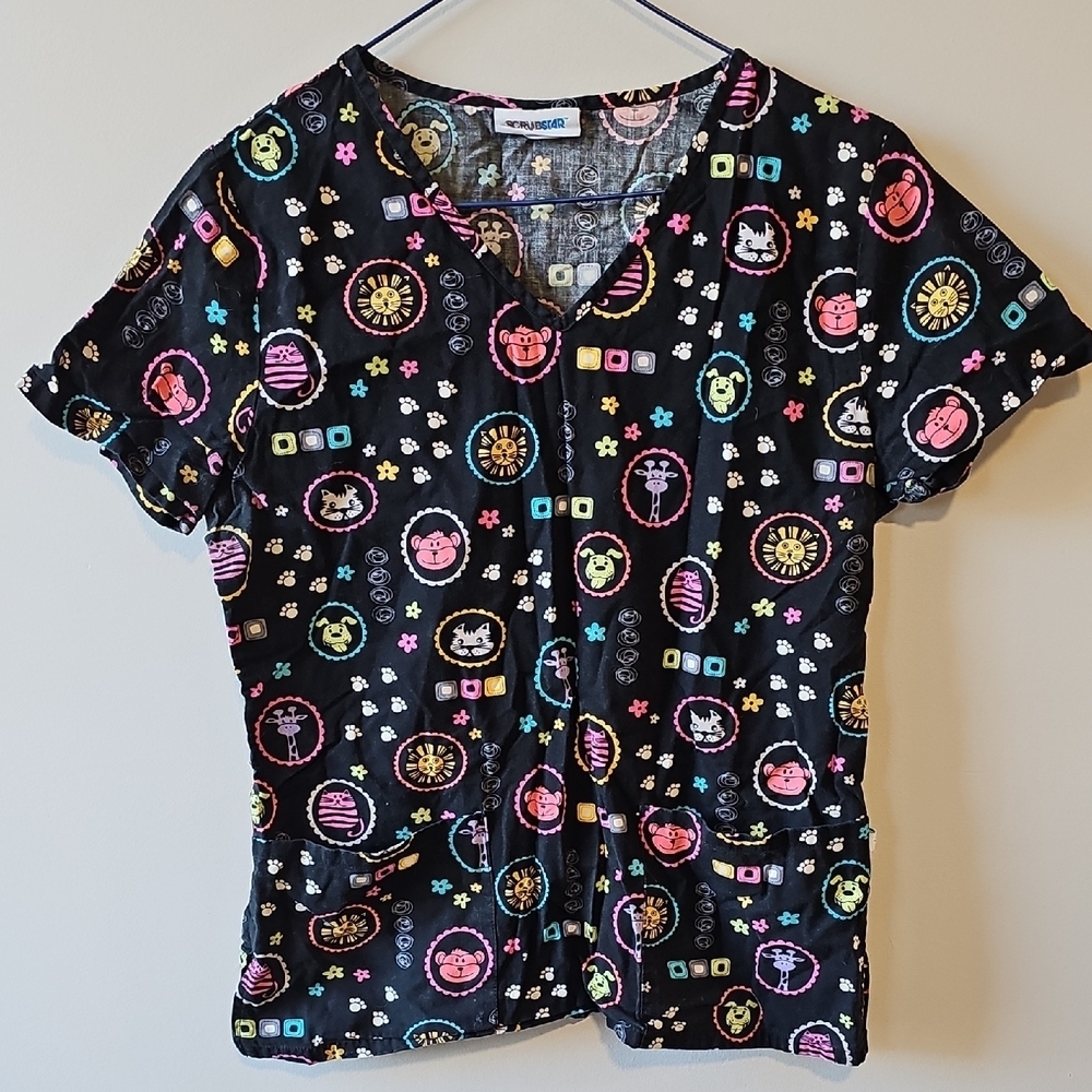 Scrubstar Medium Black Scrub Top  with Colorful Animal Patterns